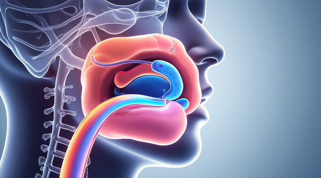 RSV concept ,Anatomical showing respiratory system, mucus buildup, and throat structure in human head