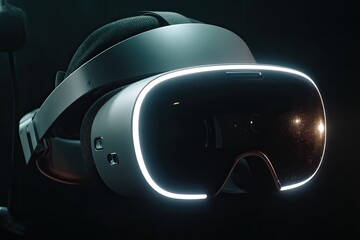 VR headset, dark background, glowing light