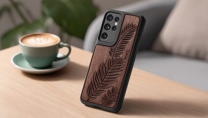 Wooden phone case, latte art, cafe scene