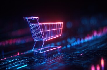 Digital shopping cart, glowing neon