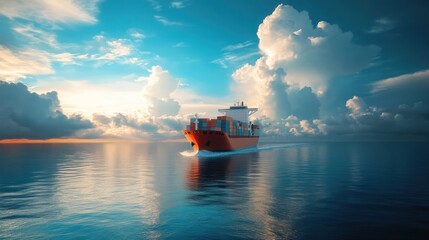Container vessel sailing across the tranquil sea at sunset with dramatic cloudscapes