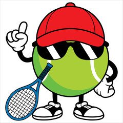 Faceless tennis ball cartoon mascot character with hat sunglasses giving a thumb up vector illustration isolated on white background perfect for sporty and fun graphics