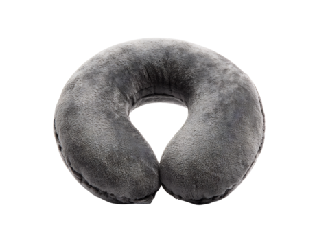 Plush gray travel pillow neck support airplane car train bus comfortable memory foam u shaped cushion on transparent background