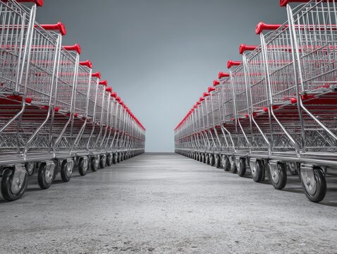 Rows of shopping carts lined up on a concrete floor