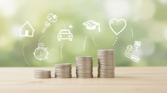 Stacks of coins on a wooden table, with icons for a house, car, and other financial goals floating above them, symbolizing saving for future plans and investments