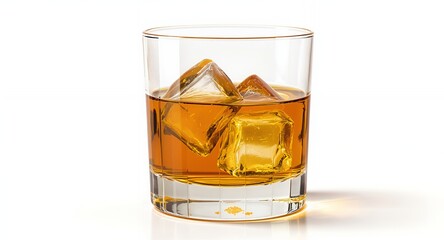 Glass of Amber Liquor with Ice Cubes on White Background