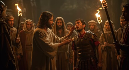 Compassionate healer touches man's eyes, restoring sight amid torchlit gathering