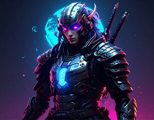 Fototapeta premium Futuristic Samurai warrior in vibrant neon light