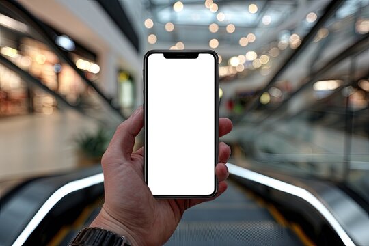 Smartphone held in hand, blank screen, mall background