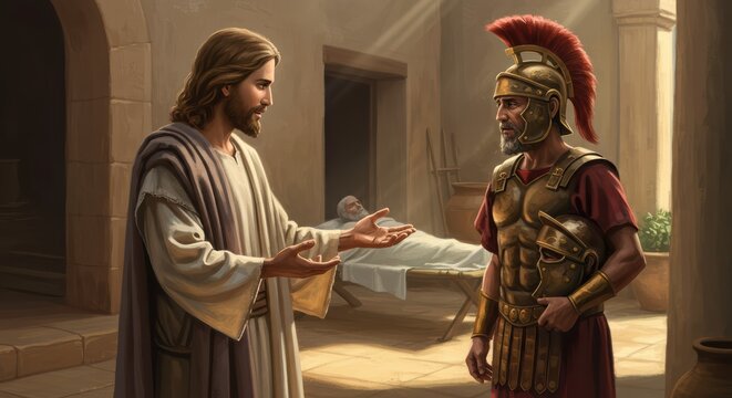 Compassionate Jesus heals centurion's servant in ancient setting, offering hope and faith.