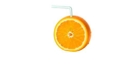 Orange Slice with Straw Presents Fresh Citrus Drink on Transparent Background, Fruit Juice