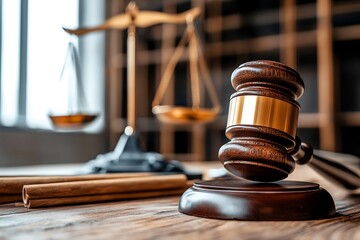 Wooden gavel and scales of justice on a wooden table