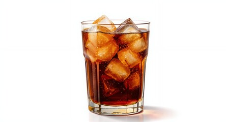 Refreshing Carbonated Drink with Ice Cubes on White Background