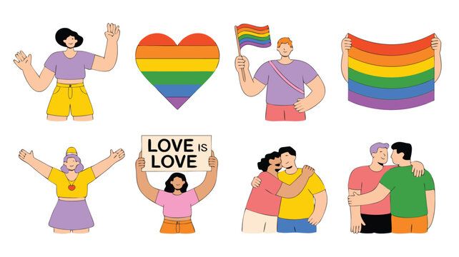 Cartoon Illustrations of People Celebrating Pride with Rainbow Flags, Heart, and Love Sign