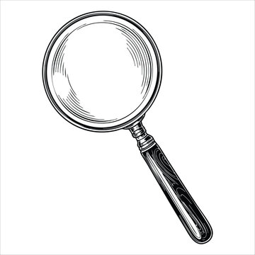 Engraved magnifying glass retro sketch vintage detective search equipment hand drawn loupe optical instrument isolated on white background vector illustration