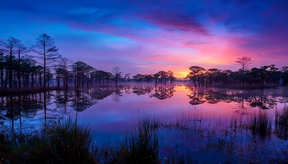 serene twilight scene of a glowing swamp reflecting vibrant colors in the water