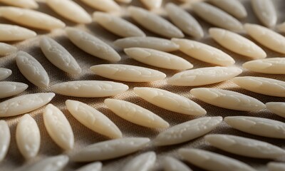 Closeup of small textured oblong objects arranged on a textured surface