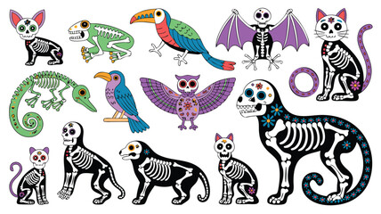 Colorful Cartoon Animal Skeletons for Day of the Dead, Halloween Decorations, Party Supplies