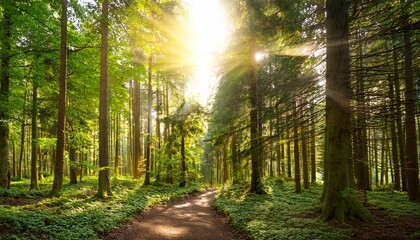 Obraz premium sunlit path through a green forest with tall trees nature landscape