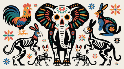 Colorful Day of the Dead Animals Illustration with Elephant Skull, Roosters and Rabbits