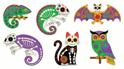 Obraz premium Colorful Day of the Dead Inspired Animals Chameleon, Cat, Bat, Owl, Detailed Art