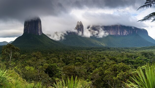 dramatic tepui panorama towering tepuis rise majestically from verdant rainforest shrouded in swirling mist and dramatic cloud cover