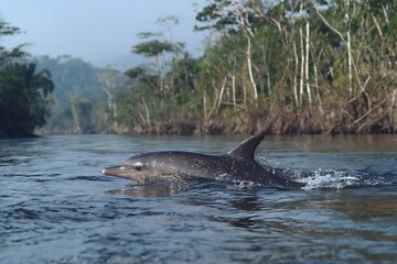 Fototapeta premium Amazon River Dolphin Swimming in Calm Water with Misty Forest Background