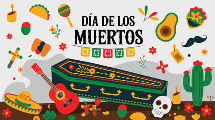 Fototapeta premium Colorful Dia de los Muertos Illustration Coffin, Guitar, Skull, Sombrero, and Traditional Decorations