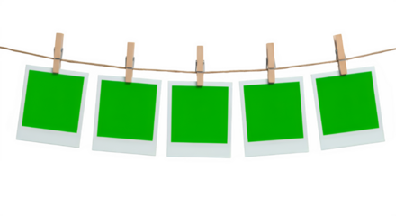 A row of five Chroma key Green format Polaroid frames pinned on a rope with clothespins, , isolated on white or transparent background. PNG