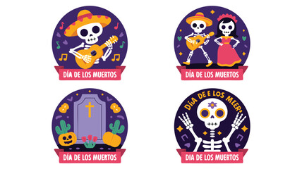 Colorful Dia de los Muertos Illustrations Skeletons with Guitar, Tombstone, Festive Designs for Day of the Dead
