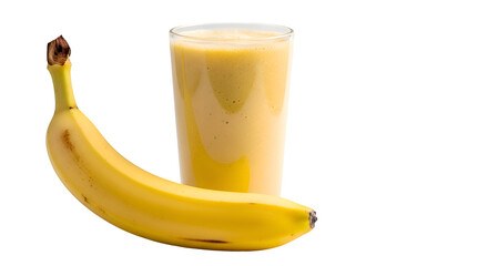 Banana Smoothie Sits Beside Fresh Banana Against Black Backdrop in Studio Lighting