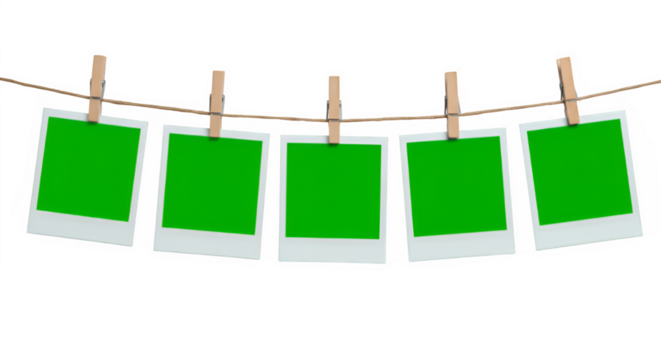 A row of five Chroma key Green format Polaroid frames pinned on a rope with clothespins, , isolated on white or transparent background. PNG