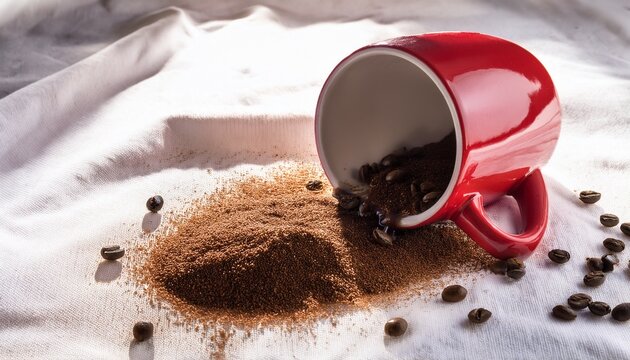 red mug tipped over spilling coffee on white fabric coffee granules scattered across surface bright lighting highlights contrast between red mug and white background