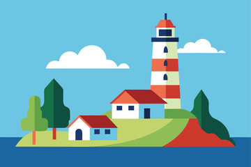 lighthouse and coastal home landscape vector  .eps