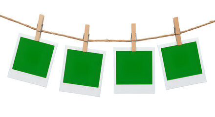A row of four Chroma key Green format Polaroid frames pinned on a rope with clothespins, , isolated on white or transparent background. PNG
