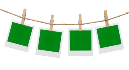 A row of four Chroma key Green format Polaroid frames pinned on a rope with clothespins, , isolated on white or transparent background. PNG