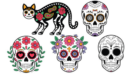 Day of the Dead Illustration Cat and Colorful Sugar Skulls with Floral Decorations
