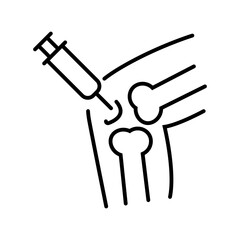 Single icon of a knee injection, commonly used for medical, treatment, or orthopedic themes. Editable stroke vector illustration.