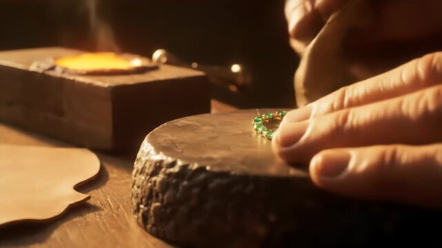Close up of goldsmith's workbench with melted gold, tools, and a green and gold beaded chain under dim lighting, showcasing craftsmanship and attention to detail.