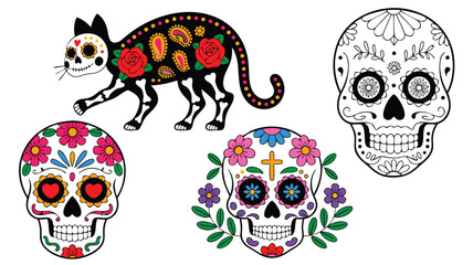 Dia de los Muertos Black Cat with Sugar Skulls Featuring Colorful Flowers Design