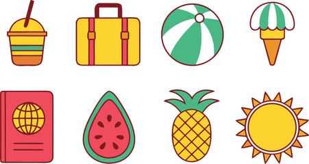 A colorful vector set of fresh summer icons with fruits like pineapple and orange, a flower, and a beach illustration