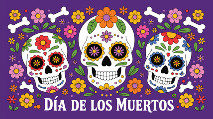 Día de los Muertos Colorful Sugar Skulls, Flowers, and Bones on Purple Background Illustration