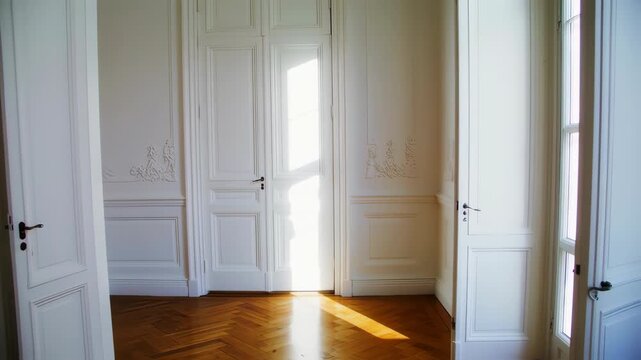 Sunlight streams through an open doorway in a classic white room