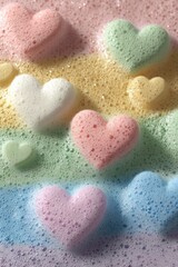 Obraz premium Pastel-colored hearts in a bubbly rainbow-striped background