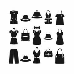 Black Vector Fashion Apparel Silhouettes Set for Women, Featuring Diverse Clothing, Stylish Hats, and Modern Handbags for Graphic Design and Illustration.