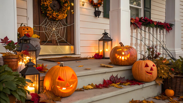 Image 7: Halloween front porch decor ideas with pumpkins lanterns and fall leaves for spooky season decorations