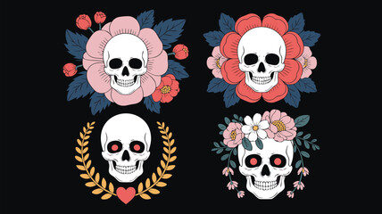 Four Skulls Surrounded by Various Floral and Laurel Designs on a Black Background Illustration