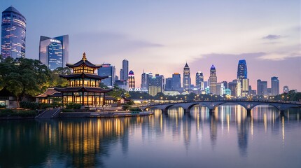 Fototapeta premium Tranquil Urban Landscape at Dusk with Traditional Architecture