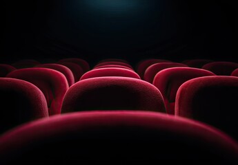 Fototapeta premium Red velvet theater seats, dark auditorium