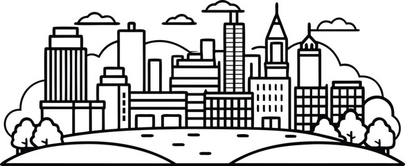 Fototapeta premium Black vector silhouette of an urban city skyline with industrial buildings, skyscrapers, and towers, illustrating modern business and construction architecture